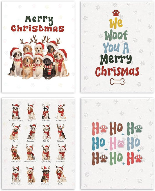 AEHIE Merry Christmas Funny dog Wall Art Poster Prints for Home, Dog Lovers Gifts Poster Prints, Cute Christmas Golden Corgi australian shepherd Pug Winter Animal Wall Art Unframed 4pcs 8x10inch