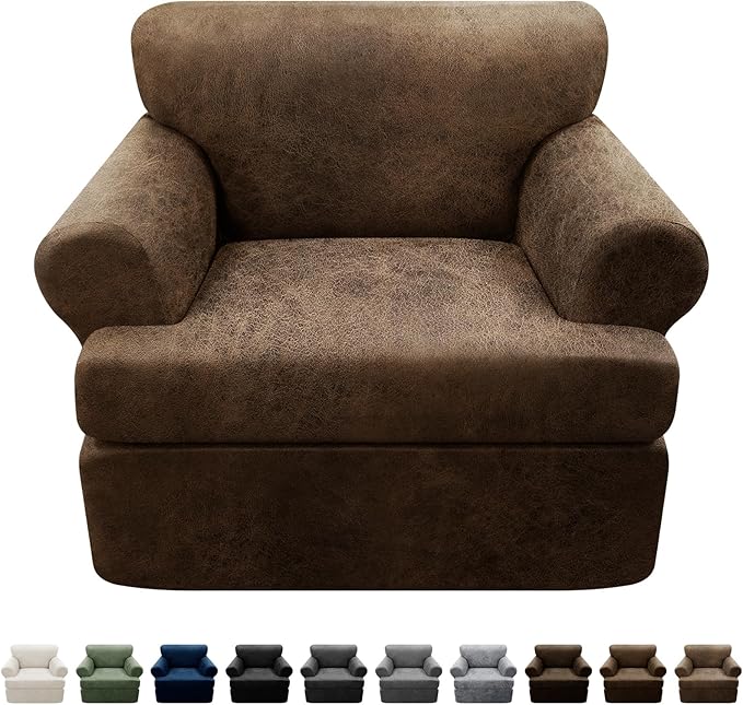 2-Pieces T Cushion Armchair Slipcovers Leather Look Couch Cover Chair Covers Stretch Furniture Protector Sofa Cover with 1 Individual T Cushion Seat Cover Slipcover Sets Washable, Brown