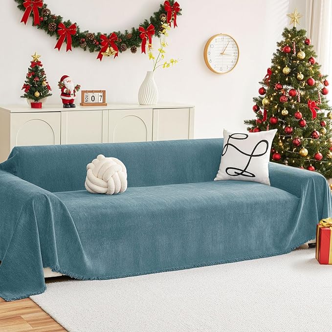 hyha Couch Cover for Dogs, Boho Sofa Covers for 3 Cushion Couch Washable, Chenille Sofa Slipcover for Pets, Soft Loveseat Sectional Couch Throw Blankets with Tassels (Blue, 88.5x118 Inch)