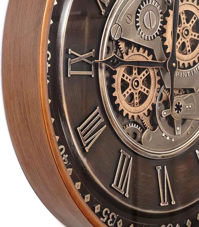 CLXEAST 24 Inch Wall Clock with Moving Gears,Oversized Large Industrial Steampunk Clock, Antique Gold Metal Roman Numeral Wall Clocks for Farmhouse Living Room Decor