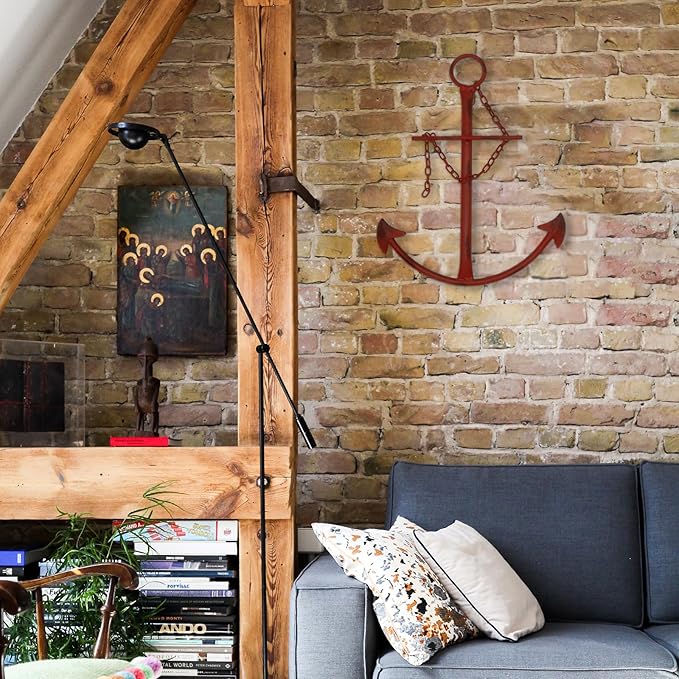 Fleecy day Nautical Anchor Wall Decor, 13in Antique Metal Anchor Art, Vintage Wall Hanging Decor for Bedroom, Living Room, Dorm