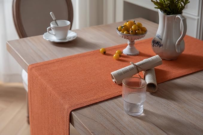 ZeeMart Burlap Style Farmhouse Table Runners 90 Inches Long, Burnt Orange Rustic Woven Dining Fall Table Runner for Everyday Use, 14x90 Inches, Harvest Pumpkin