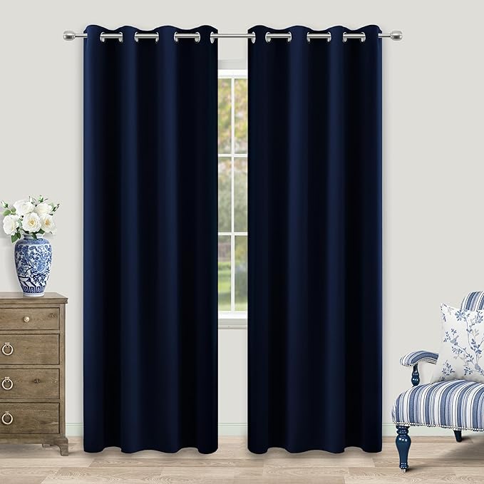 KOUFALL Navy Blue Drapes 96 Inch Long 2 Panels Window Treatments Curtains,Blackout Grommet Room Darkening Thermal Microfiber Silk Curtains for Living Room,Dark Indigo