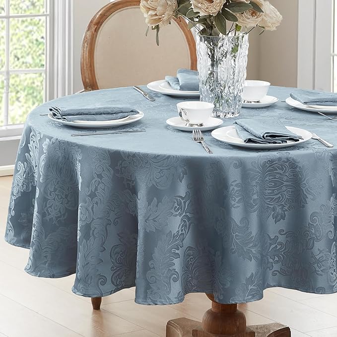Newbridge Barcelona Damask Fabric Tablecloth, 90 Inch Round, Blue – No Iron, Soil Resistant Table Cover for Dining, Parties and Holidays