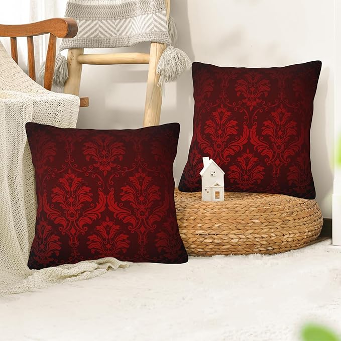 Vintage Damask Floral Pillow Covers 18X18 Set of 2, Luxuxy Dark Red Flowers Decorative Throw Pillow Covers, Pillowcase Cushion Case for Home Sofa Couch Indoor Outdoor Decorations