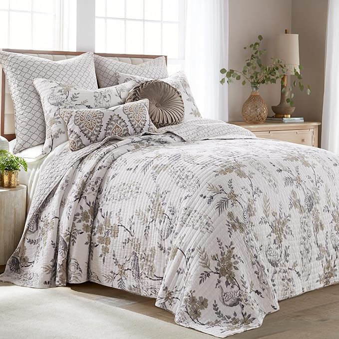 Levtex Home Pisa Reversible Queen Bedspread Set (110x106in) with 2 Pillow Shams (26x20in) - Floral Peacock - Grey, Taupe - Cotton Queen Size Bedspread Set - Lightweight, Soft, Pre-Washed