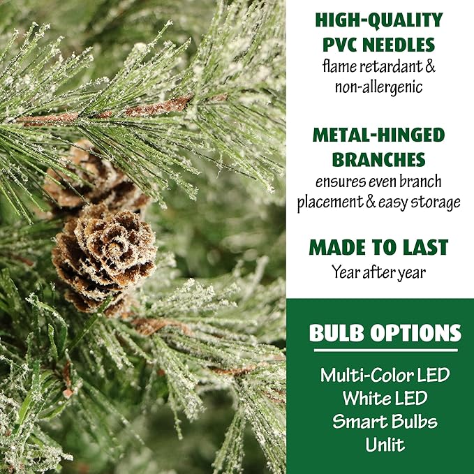 Fraser Hill Farm 9-Ft. Buffalo Fir Slim Artificial Christmas Tree with Warm White LED String Lights, Prelit Foldable Fake Tree with Realistic Snowy Foliage and Pinecones for Home Decoration