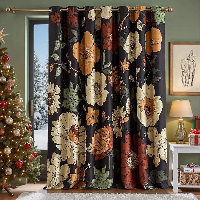jinchan Lora Floral Curtain for Living Room Blackout Drape for Sliding Door Extra Wide Room Darkening Fall Decor Winter Vintage Flower Patterned Patio Door Curtain Grommet 1 Panel W100xL96 Inch Black