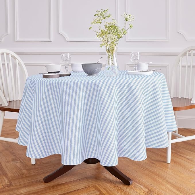 Solino Home Linen 60 Inch Round Tablecloth - Amalfi Stripe, 100% Pure Linen Sky Blue and White Round Tablecloth - Machine Washable Table Cloth