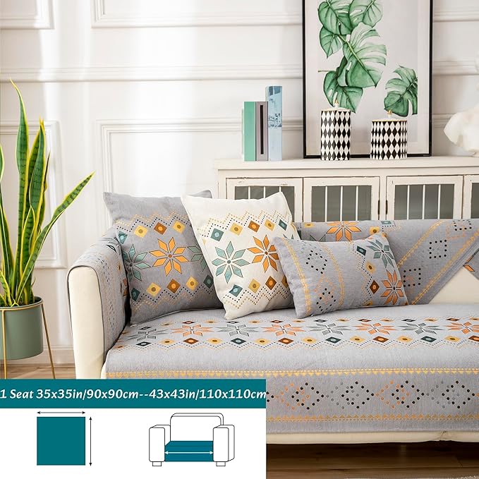 Boho Chenille Couch Covers,Geometric Couch Covers for Sofa,Chenille Couch Cover Non Slip,Sectional l Shaped Sofa Furniture Protector Cover for Home Decor,Gray_1 Seat 35x35in/90x90cm