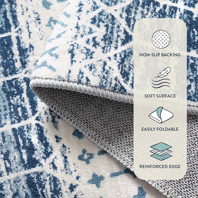 Lahome Moroccan Washable Blue Runner Rug - 2x6 Rug Runners for Hallways Non Slip Throw Stain Resistant Kitchen Runners, Geometric Print Distressed Indoor Floor Rug for Entryway Bathroom Bedroom