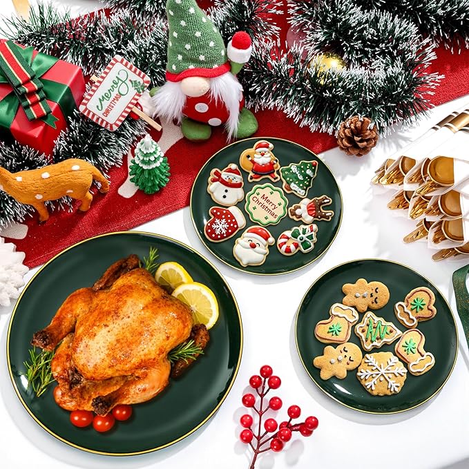 KIRE 175PCS Green Plastic Plates with Gold Rim - Heavy Duty Green Plates Disposable Include 50 Christmas Plastic Plate, 25Pre Rolled Napkins 25 Cups For Christmas/Party