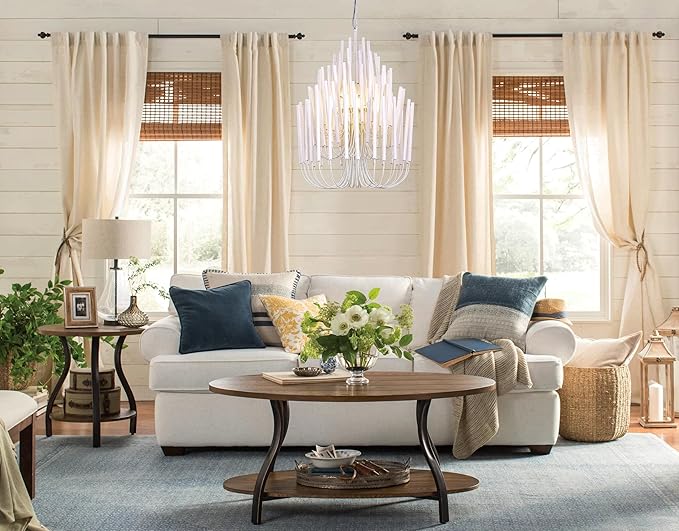TOCHIC Modern Farmhouse Chandelier for Dining Room 21", Small Vintage White Wood Chandeliers Light for Living Room, Rustic Pendant Lighting Fixture Ceiling Hanging for Foyer Bedroom Entryway