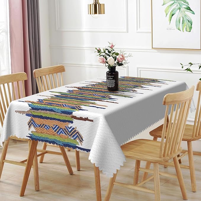 52x70inches Rectangle Tablecloth Bohemian Colorful Striped White Table Cloth Spill Proof and Waterproof Fabric Table Cover for Kitchen Dining Room Cafe Patio Indoor Outdoor Party Supplies