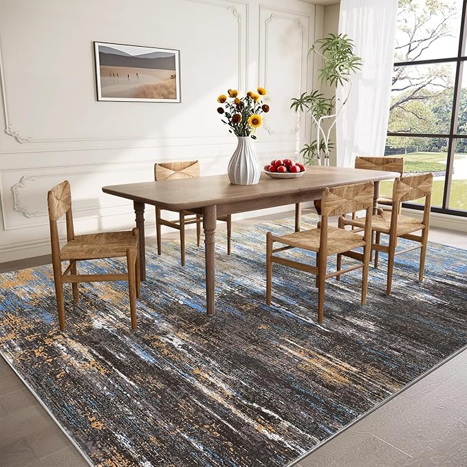 Modern Abstract Living Room Rug 8x10, Washable Area Rugs for Bedroom, Stain Resistant Non Slip Large Rug, Soft Indoor Carpet for Dining Room Table Home Decor, Blue/Brown