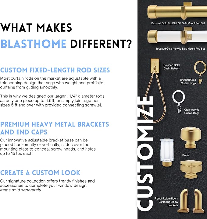 BlastHome® Luxury Curtain Rings – Premium Metal with Quiet, Smooth Nylon Inserts – Pinhooks and Clips Included – 1 1/2" Inside Diameter – 18 Rings for Two Standard Curtains – Brushed Gold