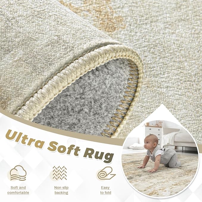 Area Rugs 8x10 for Living Room: Washable Rug Modern Abstract Neutral Soft Non-Slip Low-Pile Indoor Large Carpet for Bedroom Dining Room Playroom Home Office (Beige Grey Brown, 8'x10')