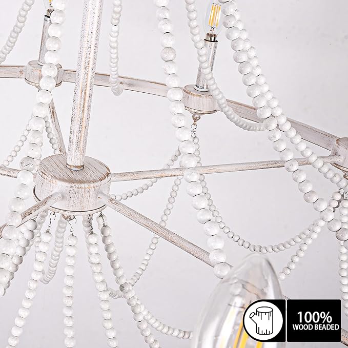COCOSTAR Large Beaded Dining Room Light Fixture, 36" White Farmhouse Chandelier, French Country Wagon Wheel Chandelier, Coastal Boho Hanging Lighting for High Ceiling,10xE12 Candle Lights