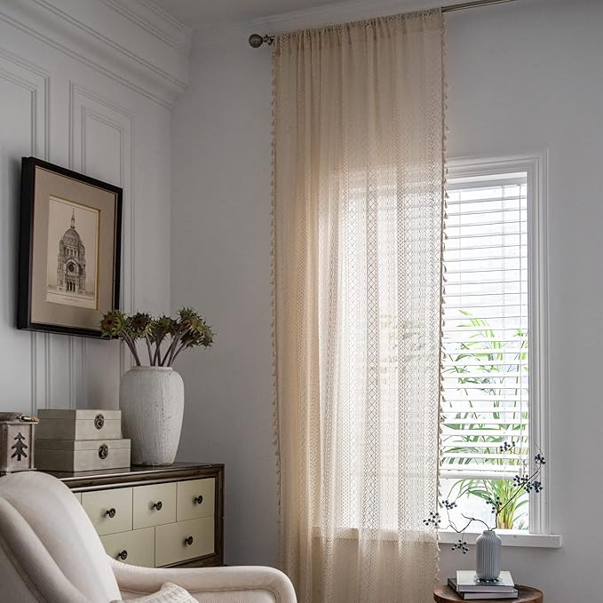 Sutuo Home Beige Boho Lace Sheer Curtains 84 inches Long,Crochet Macrame Semi-Sheer Bohemian Drape with Tassels, Cream Farmhouse Window Curtains for Living Room & Bedroom, 1 Panel 59" W,Rod Pocket