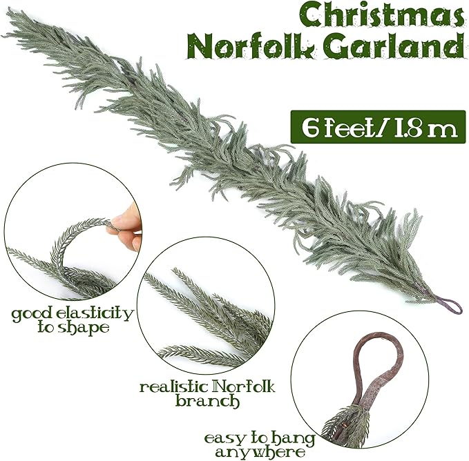 Fovths 1 Pack 6 Feet Christmas Norfolk Garlands Set Green Artificial Winter Pine Garlands Light String Faux Greenery Garland Pine Garland for Xmas Holiday Home Indoor Decor, Green and White