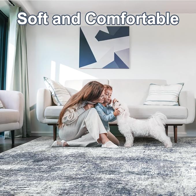Washable Area Rugs for Living Room 8x10 - Large Neutral Modern Abstract Rug, Soft Low Pile Carpet with Non Slip Backing for Under Dining Room Table, Bedroom, Home, Office, Dorm - Indigo Gray