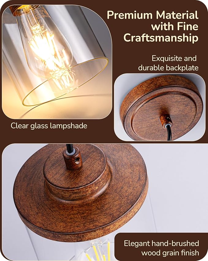 EDISHINE Modern Pendant Lights Kitchen Island, Clear Glass Shade, Farmhouse Adjustable Hanging Light with Wooden Grain Finish, E26 Base, Hardwired, for Dining, Sink, Bathroom, Hallway, Walnut, 2 Pack