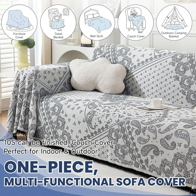 ROOMLIFE Couch Cover Black Boho Sofa Covers for 3 Cushion Couch Washable, Furniture Protector Sofa Couch Cover for Dogs, Soft Breathable Sofa Slipcover, Couch Throw Blankets with Tassels 71''X150''