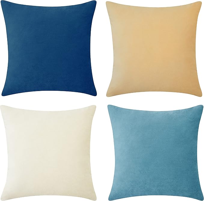 MONDAY MOOSE Decorative Throw Pillow Covers Cushion Cases, Set of 4 Soft Velvet Modern Designs, Mix and Match for Home Decor, Pillow Inserts Not Included (20x20 inch, Blue/Beige)