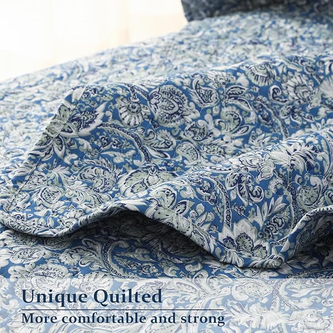 DURLENGEN Floral Quilt Set Twin Size 2Pcs, Blue & Green Paisley Floral Pattern All Season Lightweight Bedspread Coverlet Sets(Twin 68x86, Paisley Blue)
