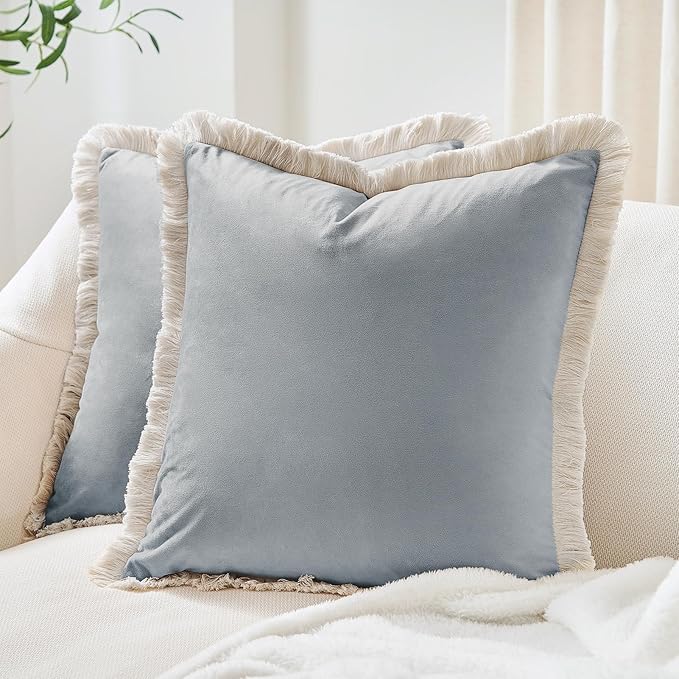 MONDAY MOOSE Decorative Throw Pillow Covers Cushion Cases, Set of 2 Soft Velvet Modern Fringe Tassel Designs, Mix and Match for Home Decor, Pillow Inserts Not Included (Powder Blue, 16x16 inch)