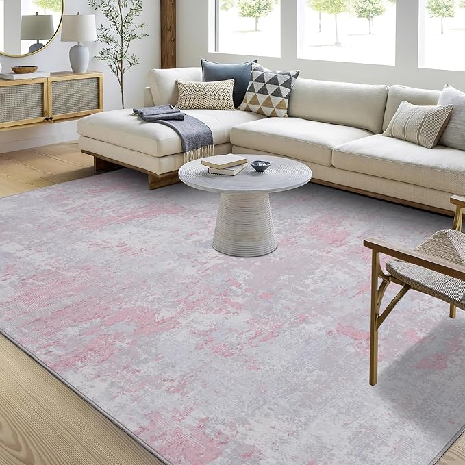 Modern Abstract Area Rug 8x10 Non Slip Non Shedding Rug Low Pile Stain Resistant for Bedroom Living Room,Grey Pink