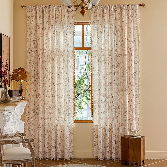 OYX Pink Boho Floral Curtains 84 Inch Long 2panels, French Vintage Farmhouse Patterned Decor Window Drapes with Tassels, Girls Semi-Sheer Light Filtering for Bedroom Living Room (Rod Pocket, 52wx84l)