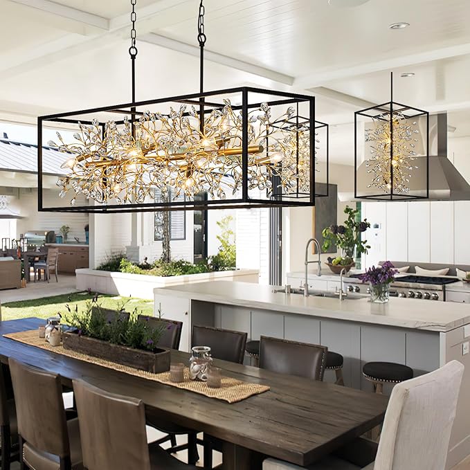 Vezzio Black and Gold Chandelier, 10-Light Rectangle Crystal Chandeliers Rectangular Modern Luxury Pendant Light Fixture for Dining Room Large Kitchen Island, L48 Inch