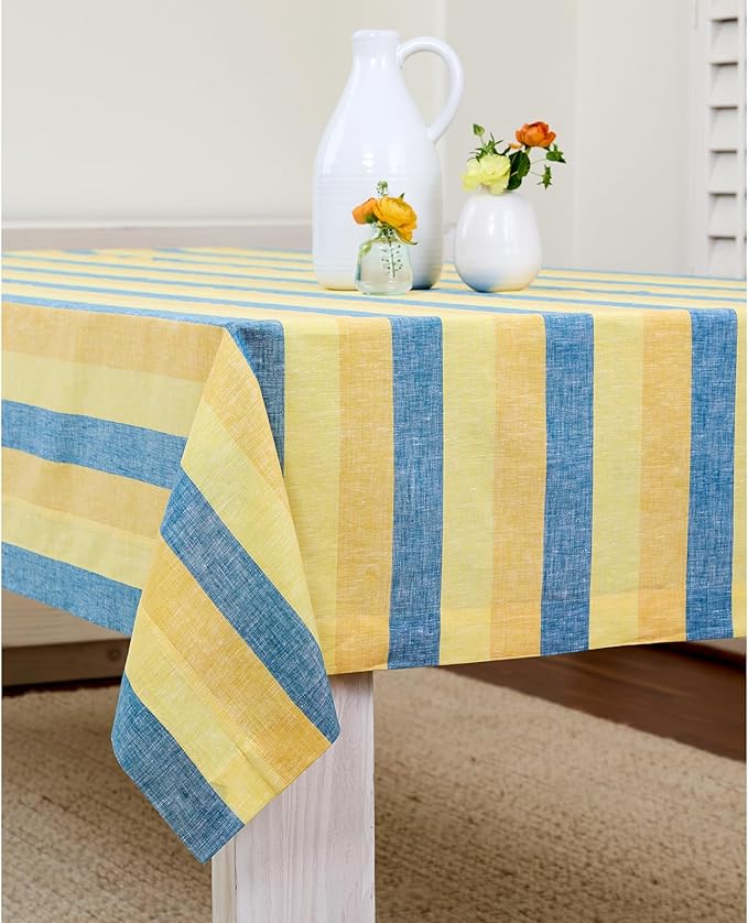 Solino Home Linen Tablecloth 60 x 90 Inch - 100% Pure Linen Bright Summer Stripe Table Cloth for Rectangle Tables - Cabana Stripe, Machine Washable Tablecloth