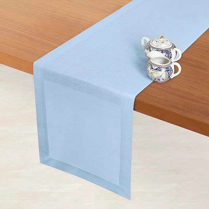 D'Moksha Homes Linen Table Runner 36 Inches - 100% Pure Linen Powder Blue Small Table Runner 14 x 36 Inch for Dresser, Coffee Tables, Fall, Thanksgiving, Holiday-Machine Washable