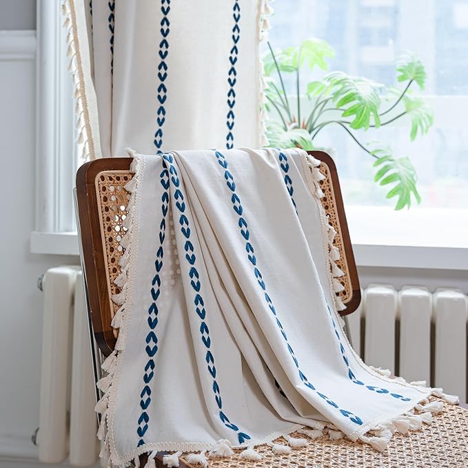 Sutuo Home Boho Curtains 90 inches for Bedroom Living Room, Semi Blackout Farmhouse Vintage Tassels Window Treatment Bohemian Embroidery Drape, Rod Pocket 1 Panel 52" W x 90" L, White and Navy Blue
