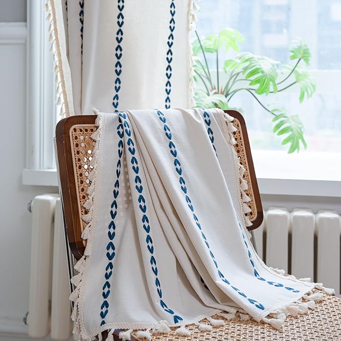 Sutuo Home Boho Curtains 72 inches for Bedroom Living Room, Semi Blackout Farmhouse Vintage Tassels Window Treatment Bohemian Embroidery Drape, Rod Pocket 1 Panel 52" W x 72" L, White and Navy Blue