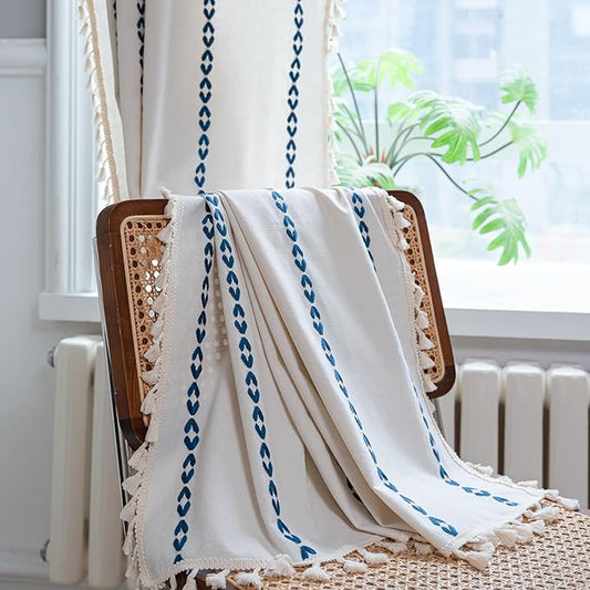 Sutuo Home Boho Curtains 72 inches for Bedroom Living Room, Semi Blackout Farmhouse Vintage Tassels Window Treatment Bohemian Embroidery Drape, Rod Pocket 1 Panel 52" W x 72" L, White and Navy Blue