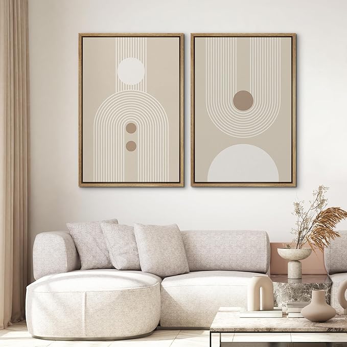 SIGNWIN Framed Canvas Print Wall Art Set Retro Nordic Geometric Pattern Abstract Shapes Cozy Neutral Modern Art Decorative Nordic Multicolor for Living Room, Bedroom, Office - 24"x36"x2 Natural