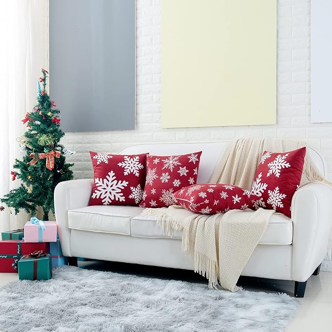 HWY 50 Red Decorative Throw Pillow Covers 16x16 Inch for Couch Sofa Living Room Bed, Soft Square Throw Pillows Cases Set Cushion Cover with Christmas Snowflakes Print Pack of 2