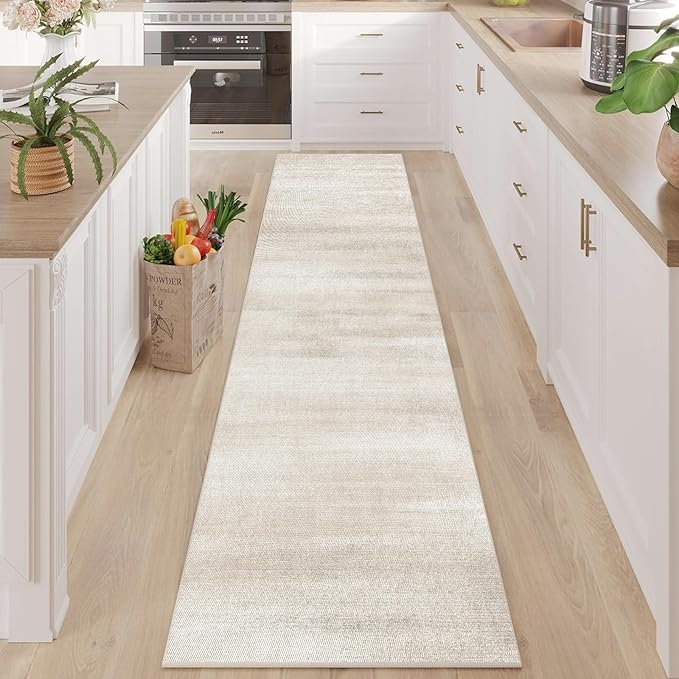 Enkor Runner Rugs for Hallway, 2x10 Washable Soft Non Slip Abstract Rugs for Kitchen, Modern Mat for Entryway Living Room Bedroom Beige & White