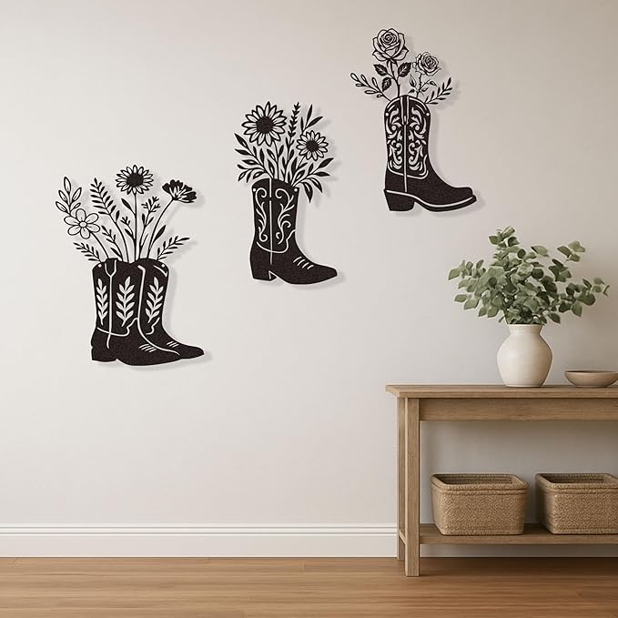 Zckjnoi Cowboy Boot Metal Wall Sculpture Set of 3 – Country Farmhouse Wall Hanging Art, Rustic Vintage Style Metal Signs for Living Room, Bedroom, Bathroom, or Modern Home Wall Decoration