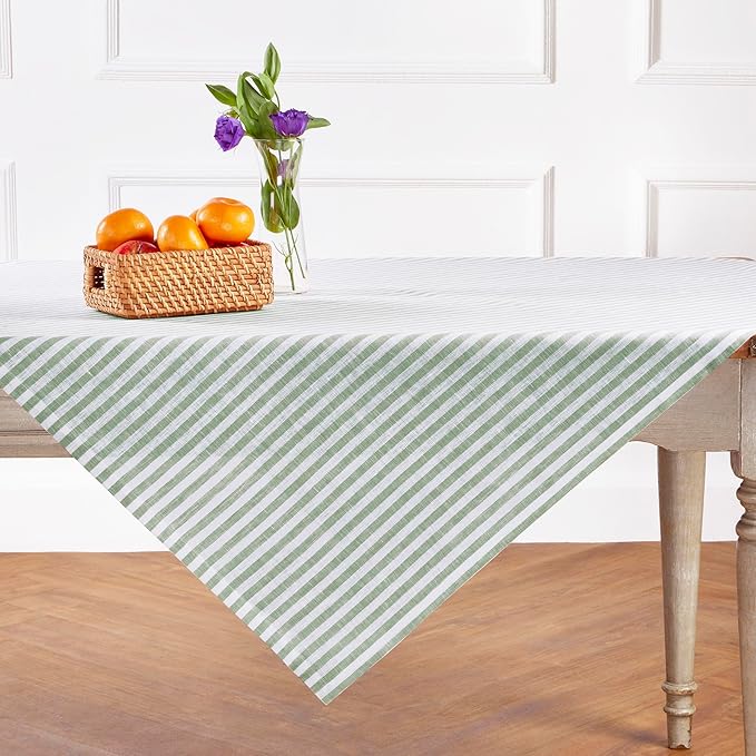 Solino Home Linen Tablecloth 52 x 52 Inch - Amalfi Stripe, 100% Pure Linen Green and White Square Tablecloth - Machine Washable Table Throw for Fall, Autumn, Christmas, Holiday