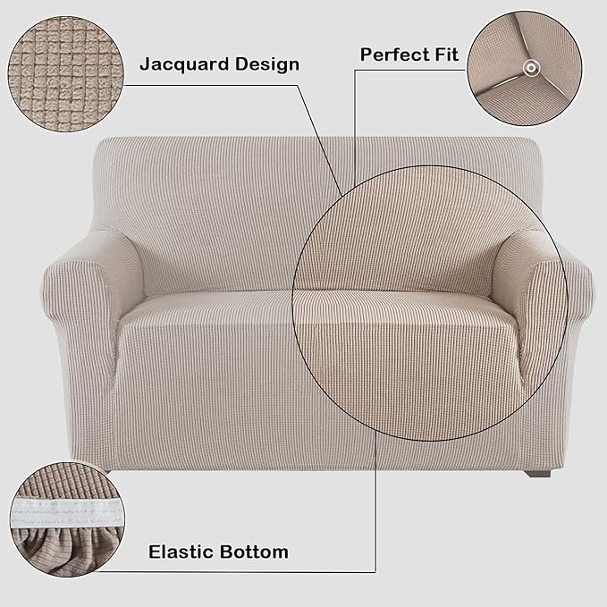 Flamingo P High Stretch Sofa Slipcover Non Slip Couch Cover for 3 Cushion Couch Washable Pet Furniture Protector Covers with Elastic Bottom, Thick Jacquard Fabric (Large, Sand)