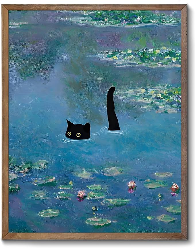 XOCUUI Cat Wall Art Monet Prints Vintage Canvas Wall Art Funny Cat in Water Lilies Posters for Room Bedroom Living Room Bathroom Wall Decor Aesthetic 11" x 14"