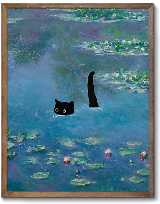 XOCUUI Cat Wall Art Monet Prints Vintage Canvas Wall Art Funny Cat in Water Lilies Posters for Room Bedroom Living Room Bathroom Wall Decor Aesthetic 8" x 10"