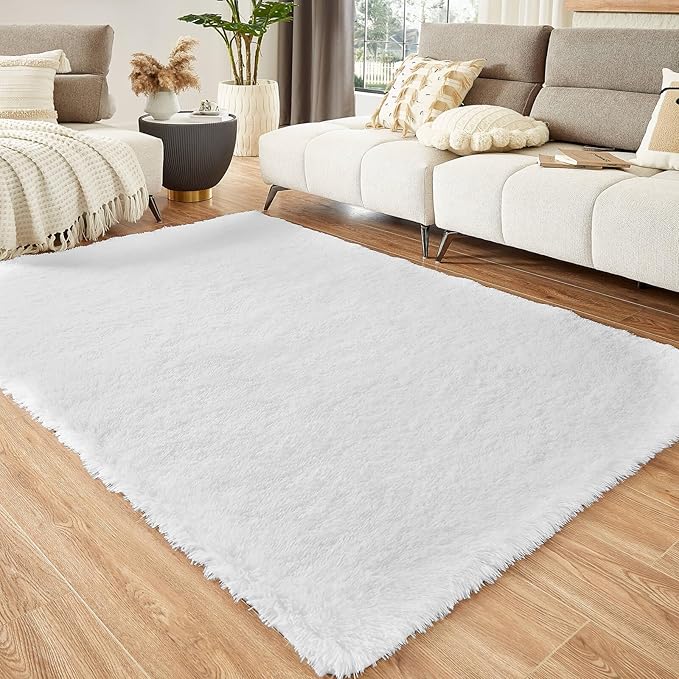 Floralux Bedroom Rug 8x10, Large White Shag Rugs, Soft Fluffy Shag Area Rug for Living Room, Plush Modern Floor Carpet for Boys Girls Room, Dorm Home Decor Aesthetic