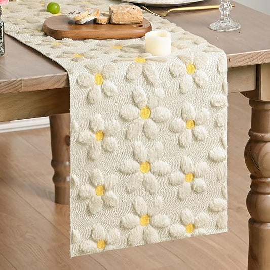 Artoid Mode Beige Soft Plush Faux Fur Jacquard Embroidery Daisy Spring Table Runner, Kitchen Dining Table Decoration for Home Party Decor 13x60 Inch