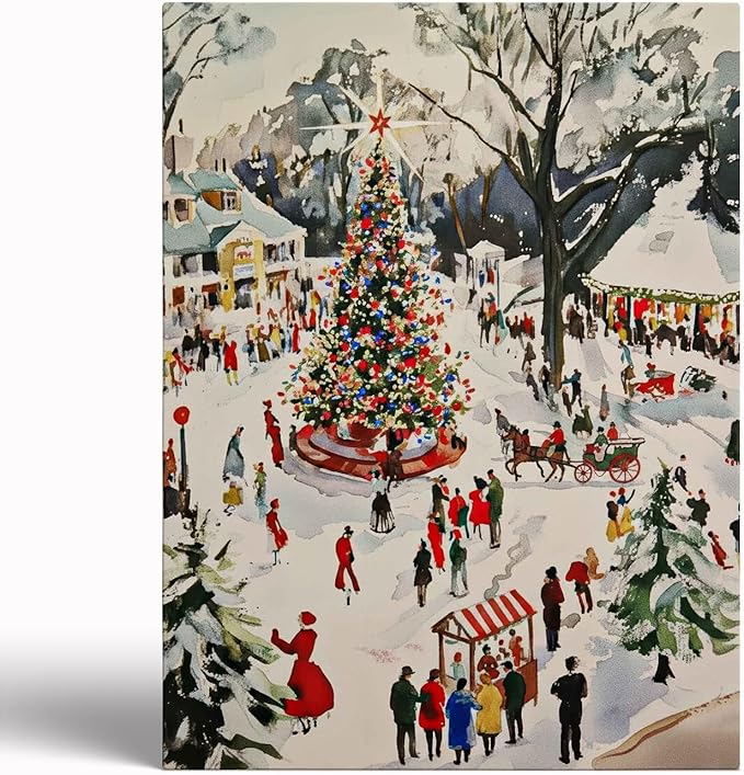 Winter Town Square Wall Art Print: Festive Christmas Scene,Christmas Village Painting,Seasonal Holiday Decor