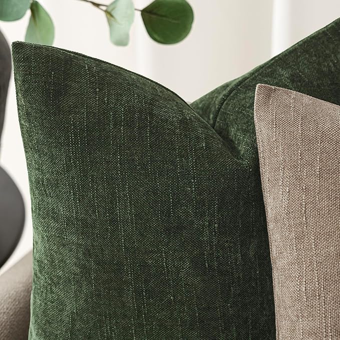 Foindtower Pack of 2 Soft Textured Chenille Throw Decorative Pillow Covers Square Accent Solid Cushion Cover Neutral Farmhouse Pillow Case for Couch Sofa Bedroom Living Room 22x22 Inch,Dark Green